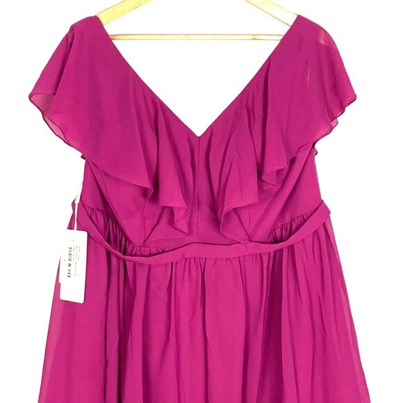 Fuchsia Ruffle-Front Chiffon Bridesmaid Dress V-Neckline Waist Knee-Length New - Picture 2 of 12
